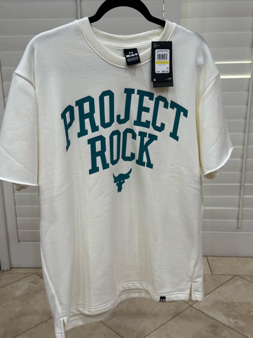 Under Armour Project Rock Cream Tee with Teal Graphic